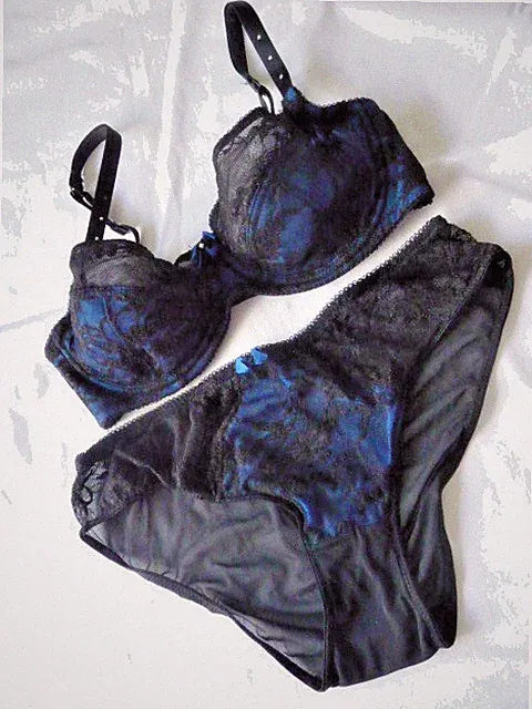 /101) Damen BH-Set 75 D/40 neu Schwarz Spitze Blau unterlegt