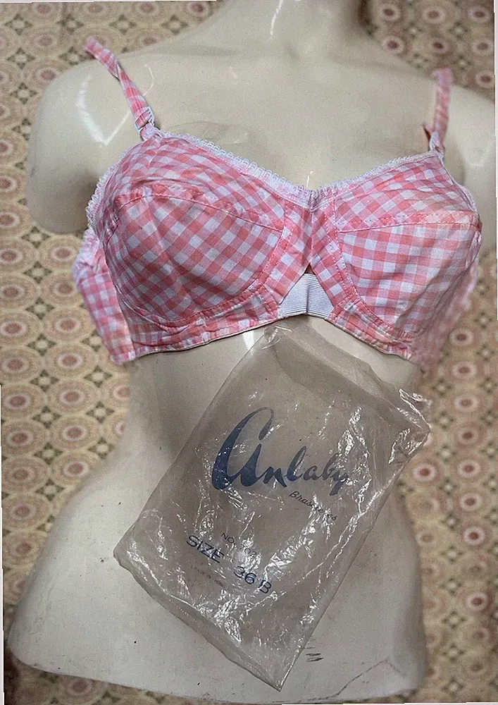 1970’s Anlaby Pink & White Gingham BH. Vintage Größe 36B. Original Tasche.