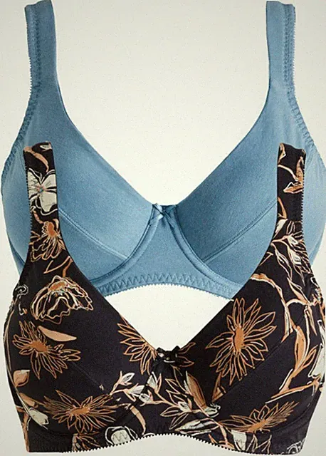 2 Damen BH schwarz floral blau 75 - 105 Cup C mit Bügel Baumwolle blickdicht 869