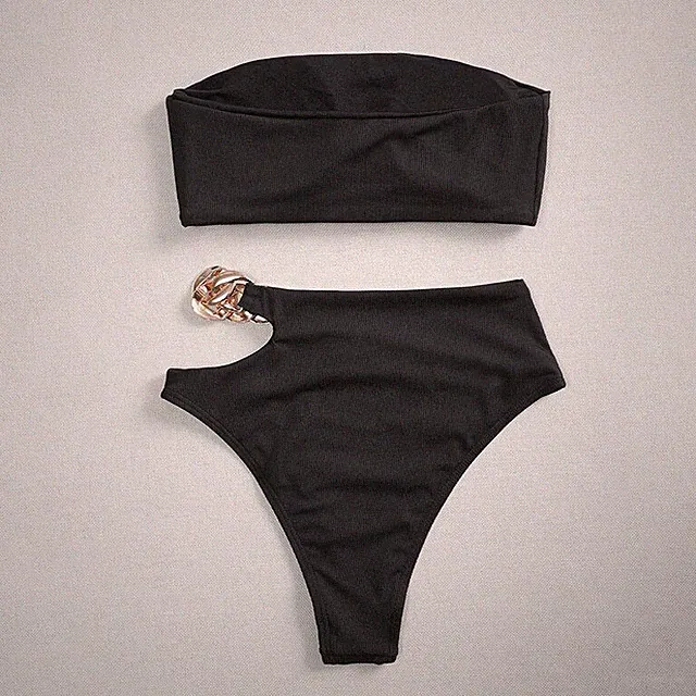 2 Stück Bandeau-BH Und High Waist Ketten-Slip Strand-Bikini Badeanzug Damenmode