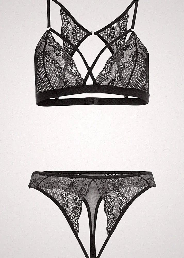 2-tlg Set Triangel-BH + String ouvert Gr. 40/42 Schwarz Damen-Unterwäsche Neu