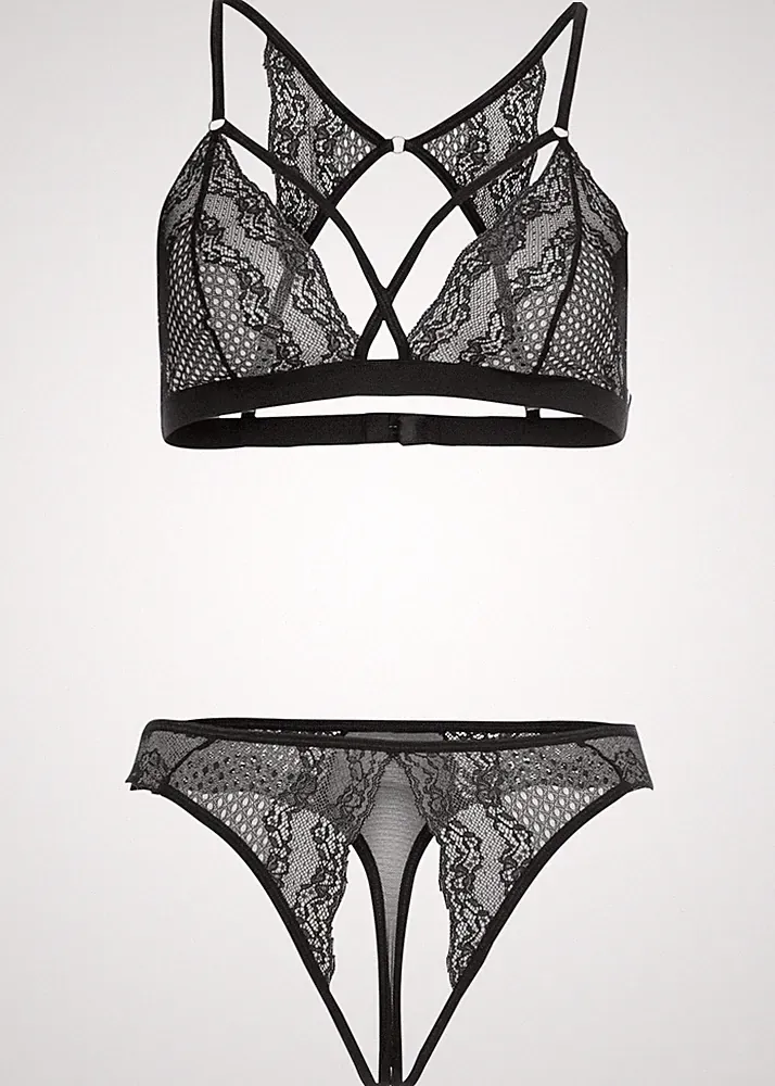 2-tlg Set Triangel-BH String ouvert Gr. 40/42 Schwarz Unterwäsche Bra Slip Neu*