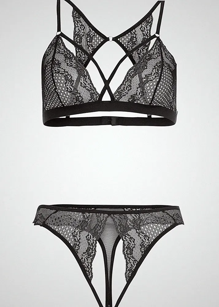 2-tlg Set Triangel-BH + String ouvert Gr 40/42 Schwarz Unterwäsche Slip Bra Neu*