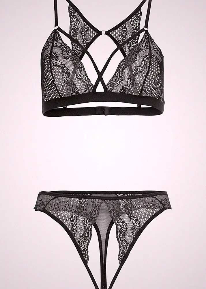 2-tlg Triangel-BH String ouvert Gr. 40/42 Schwarz Damen-Unterwäsche Bra Slip Neu