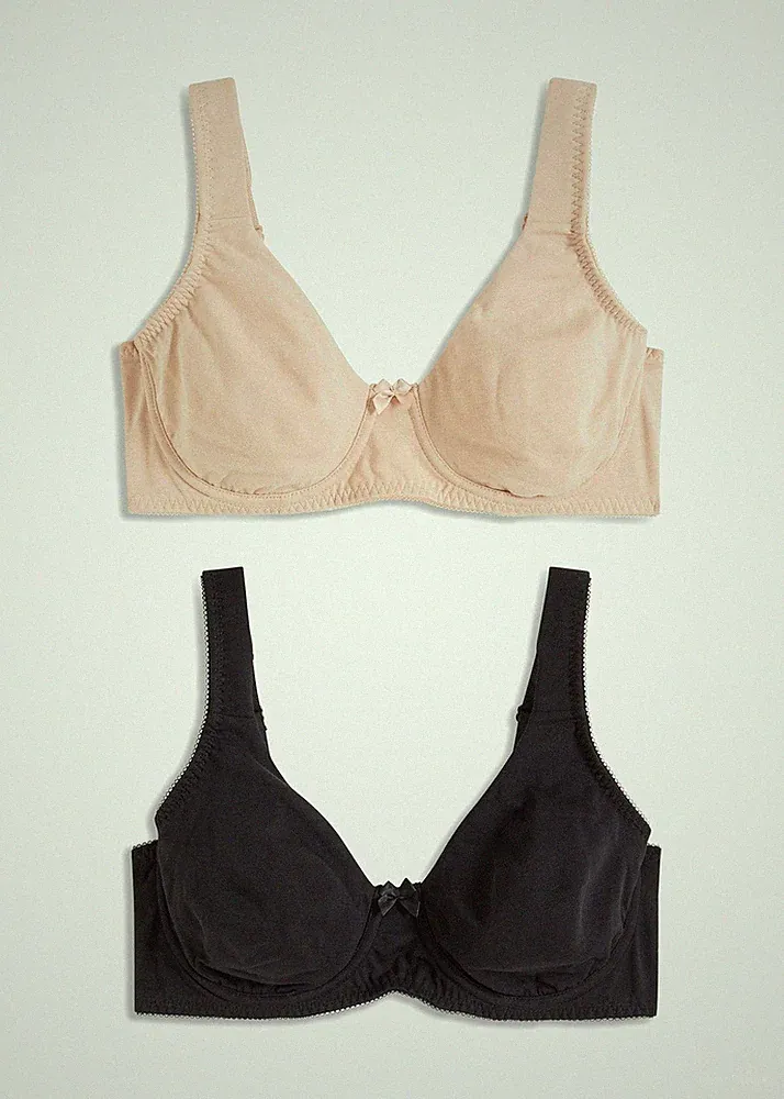 2er Pack Bequemer T-Shirt BH mit Bügel Gr. 95 Cup D Schwarz Beige Neu