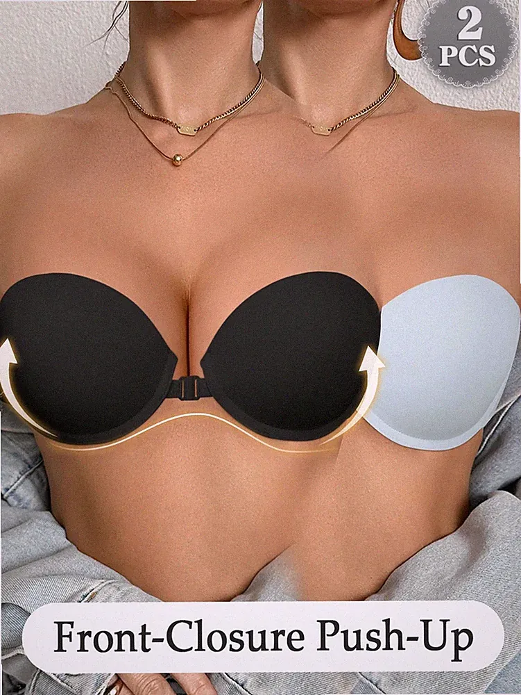 2er Pack Damen Einfarbige Trägerlose Vorderverschluss BHs für Bequemen Billig24