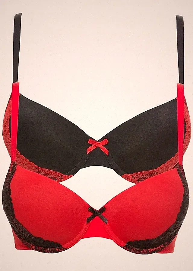 2er Pack Schalen BH mit Bügel Gr. (90) D Schwarz Rot Damen-Unterwasche Neu*