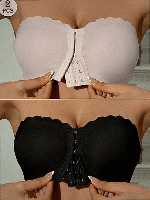 2er Pack Schwarz + Schwarz Bandeau BH mit Frontverschluss Bequemer Halt Billig24