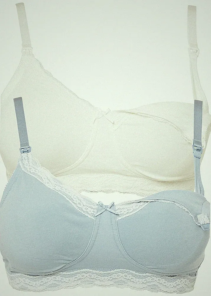 2er Pack Still-BH ohne Bügel Bio-Baumwolle Gr. (75) F Blau Wollweiß Bra Neu*