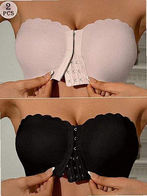 2er Set Vorderverschluss Bandeau BHs in Hellrosa und Schwarz Bequemer Billig24
