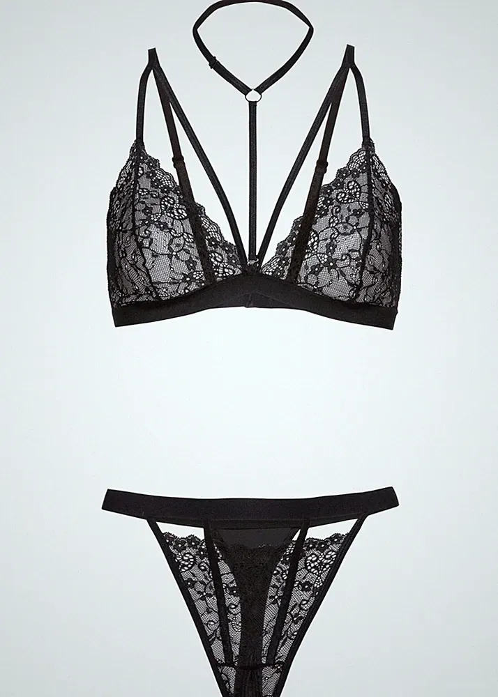 2tlg Set Triangel-BH+String ouvert Gr. 36/38 Schwarz Damen-Unterwasche Neu