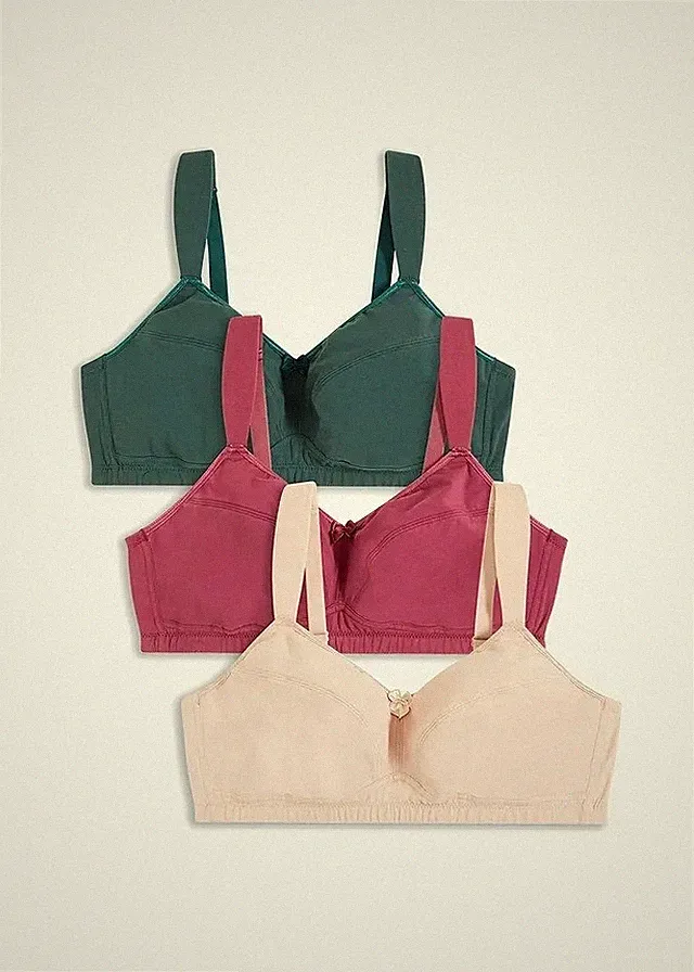 3 Stück Bügelloser Baumwoll-BH Gr. 80 Cup B Grün Beere Beige Unterwäsche Neu