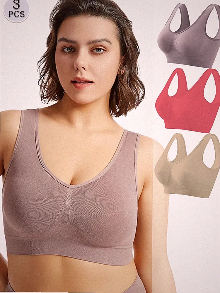 3 Stück Damen Sport BH Set in großen Größen Einfarbig, nahtlos und Billig24