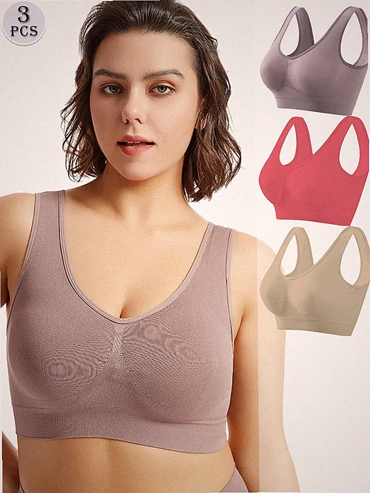 3 Stück Damen Sport BH Set in großen Größen Einfarbig, nahtlos und Billig24