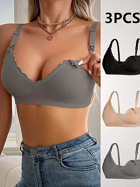 3 Stücke nahtloser Still BH Set in eleganten Unifarben Billig24