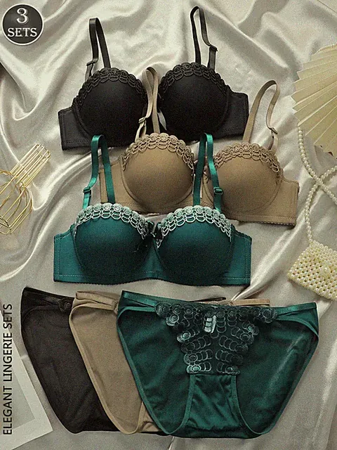 3 teilig/Set Bügel BH und bestickter Slip Set Eleganz für jeden Tag Billig24
