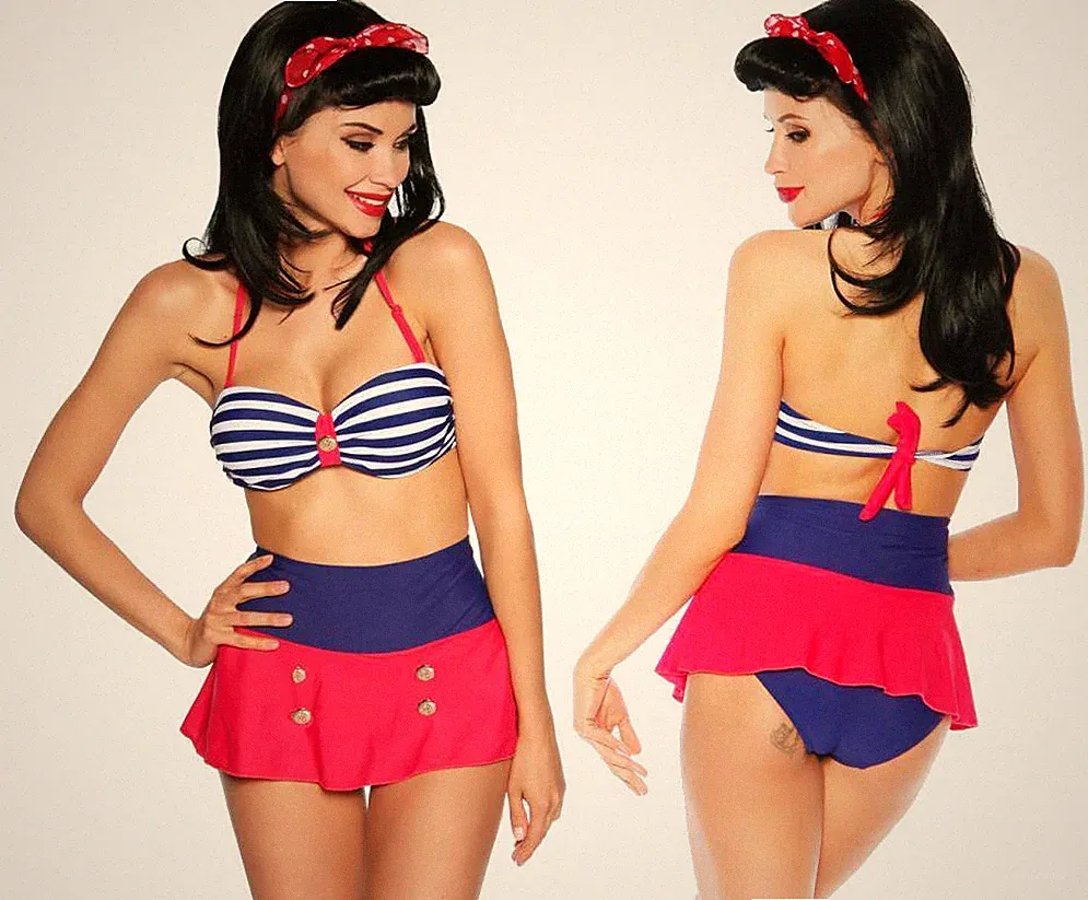 3-tlg. Push-Up Marine Bikini Set : Bandeau-BH Rock Slip blau weiß rot Samegame