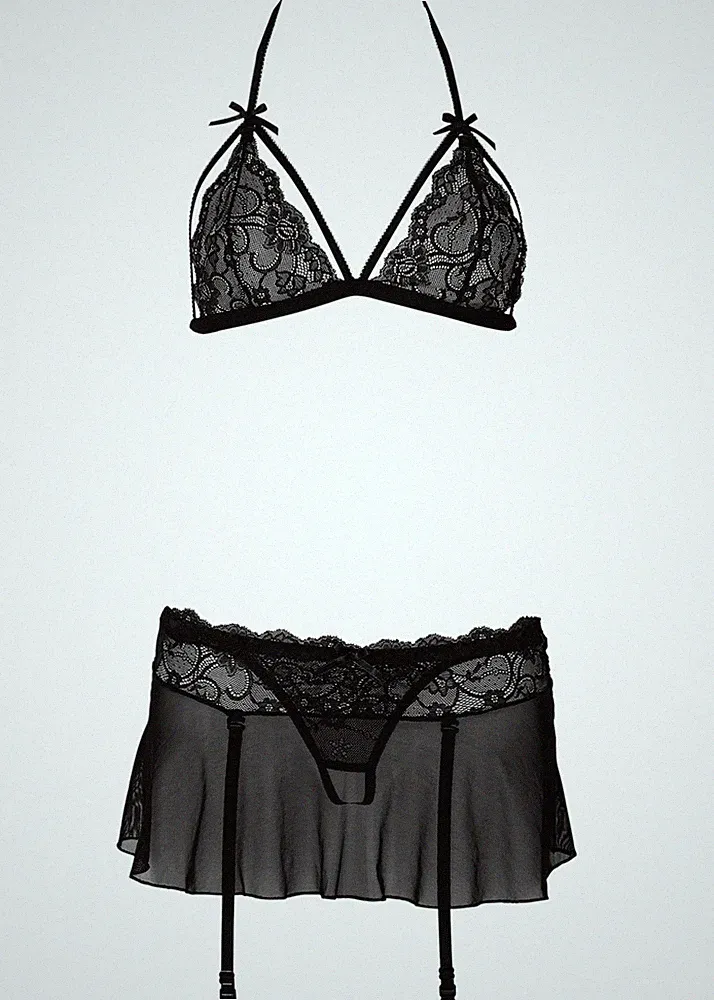 3-tlg Triangel-BH+String+Rock Gr 32/34 Schwarz Damen Erotikwäsche Dessous Neu*