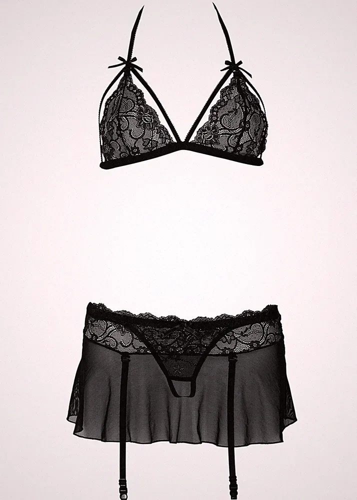 3-tlg Triangel-BH+String+Rock Gr 32/34 Schwarz Damen Reizwäsche Erotikwäsche Neu