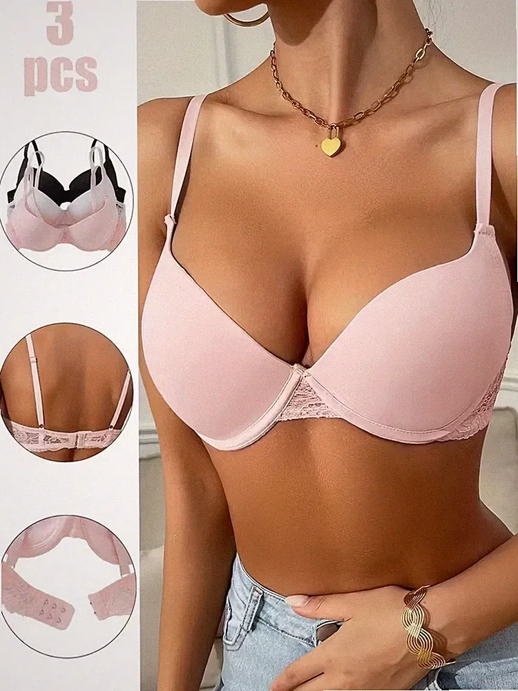 3er Pack Damen BH Set Push Up Bügel BH Spitze Gepolstert Rosa Weiß Schwarz B C