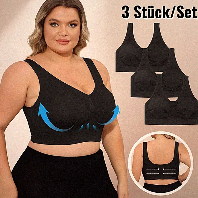 3er Plusgrößen Damen Push Up BH Bustier Sport Bra mit abnehmbarem Brustpolster