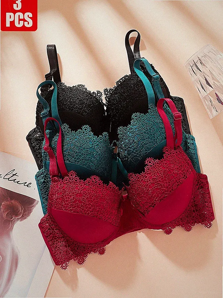 3er Set elegante Push Up BHs mit Spitze für einen femininen Look Billig24