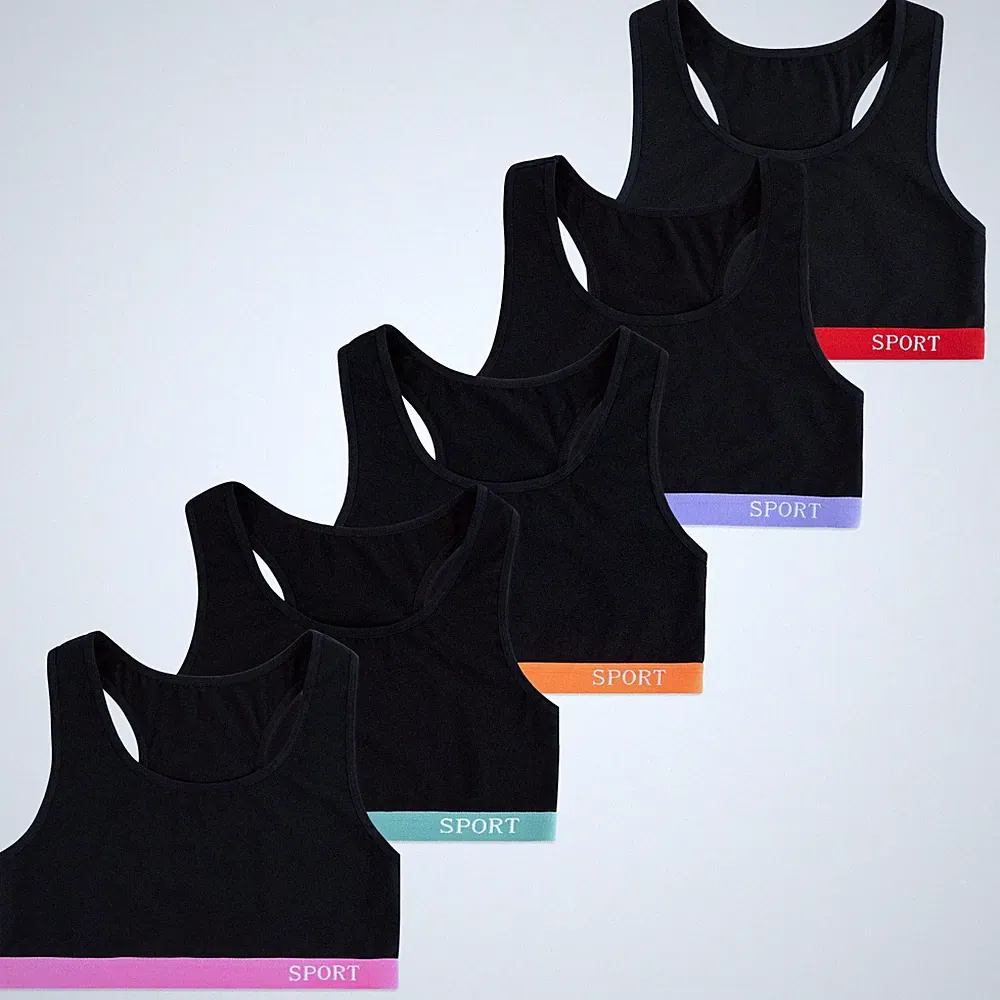 5 Mädchen Bustier Schwarz X-Rücken Baumwolle Sport BH Kinder Unterwäsche Bra