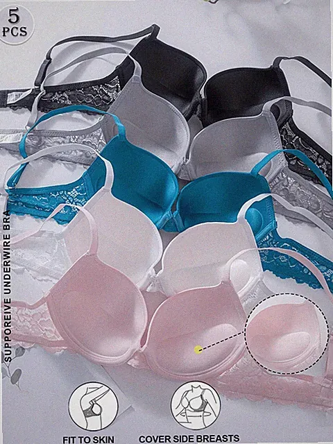5er Pack elegante einfarbige Push Up BHs mit Spitzeneinsatz Billig24