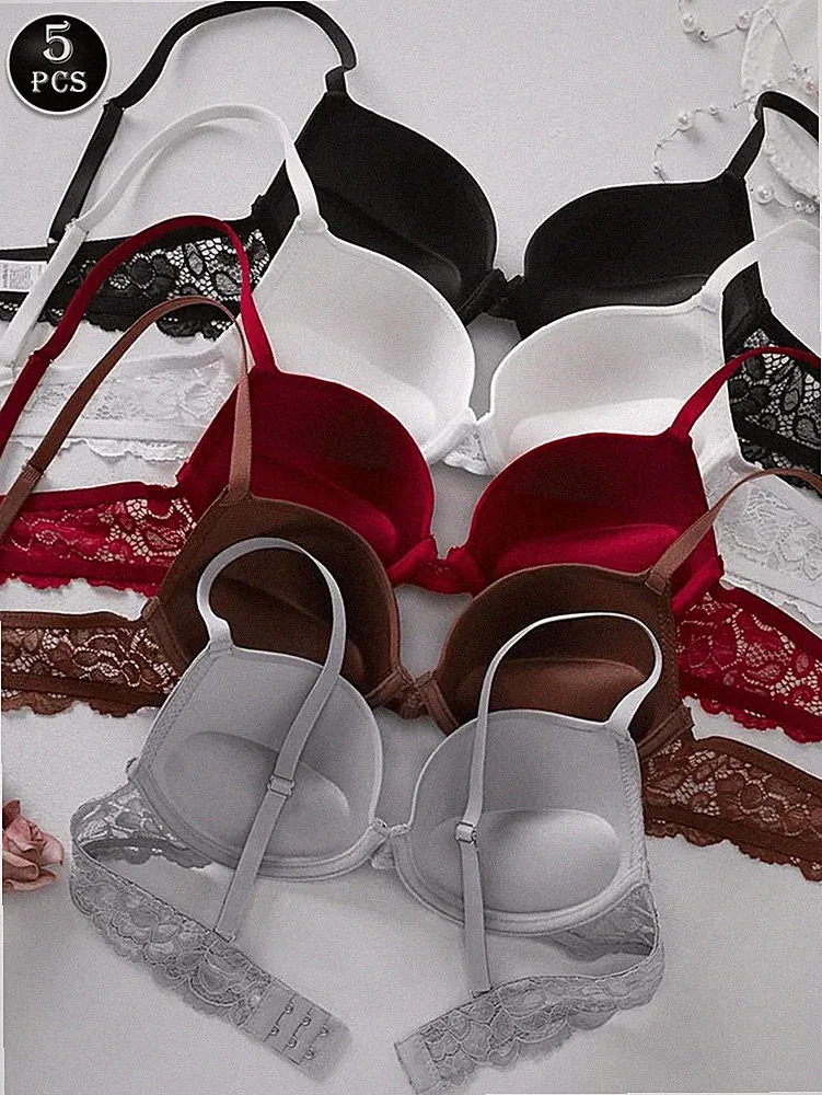 5er Pack eleganter einfarbiger Spitzen Patchwork Push Up BH für kleine Billig24