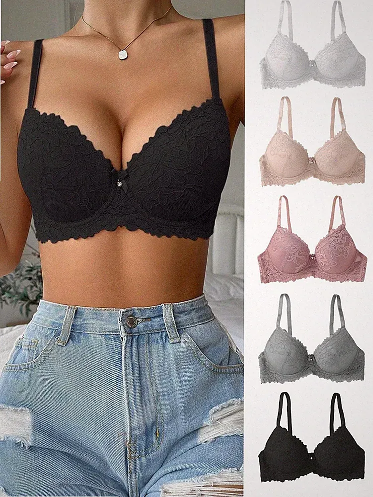 5er Pack romantische & süße Spitzen Push Up BHs für eine feminine Billig24