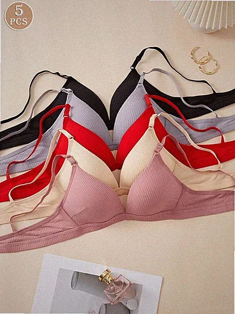 5er Set Damen bequeme gerippte, kabellose Push up BHs in verschiedenen Billig24