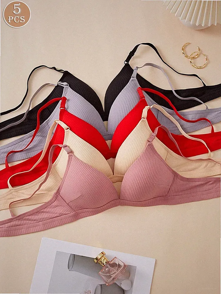 5er Set Damen bequeme gerippte, kabellose Push up BHs in verschiedenen Billig24