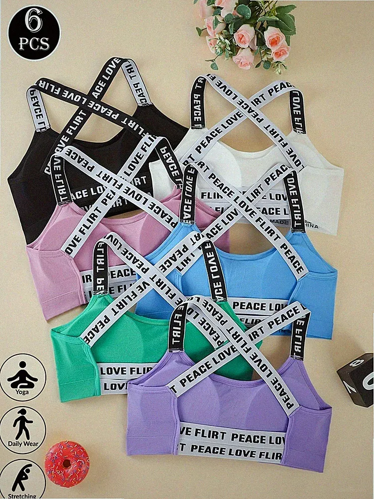 6er Pack Sport BHs mit Buchstaben Trägern für aktives Training Billig24
