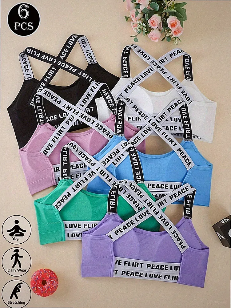 6er Pack Sport BHs mit Buchstaben Trägern für aktives Training Billig24