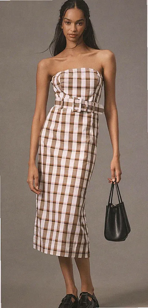 Anthropologie Maeve Bandeau Midikleid braun creme kariert gerade Gr. L