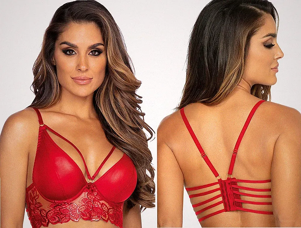 AXAMI ROT BÜGEL BH SPITZE GEPOLSTERT bänder bustier clubwear V-10071 kunstleder