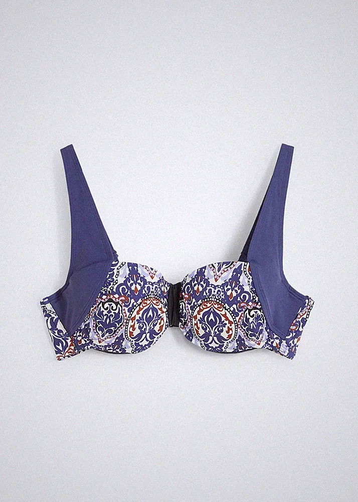 Balconette Bikini Oberteil Gr. 100 Cup D Dunkelblau Bedruckt Schwimm-Bade-BH Neu
