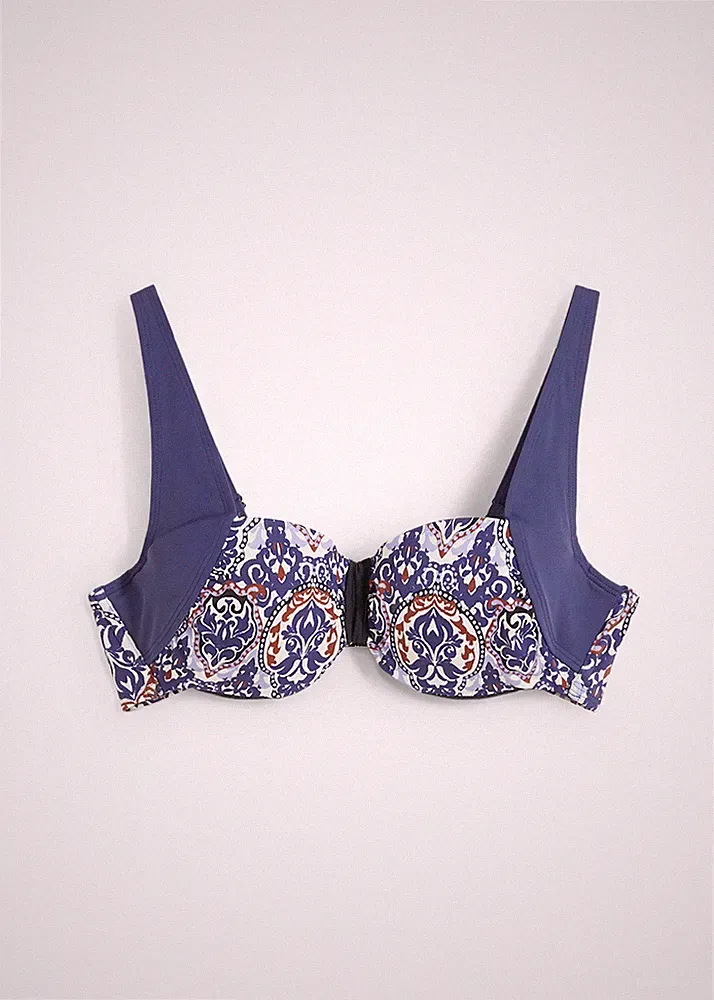 Balconette Bikini Oberteil Gr. 100 Cup E Dunkelblau Bedruckt Schwimm-Bade-BH Neu