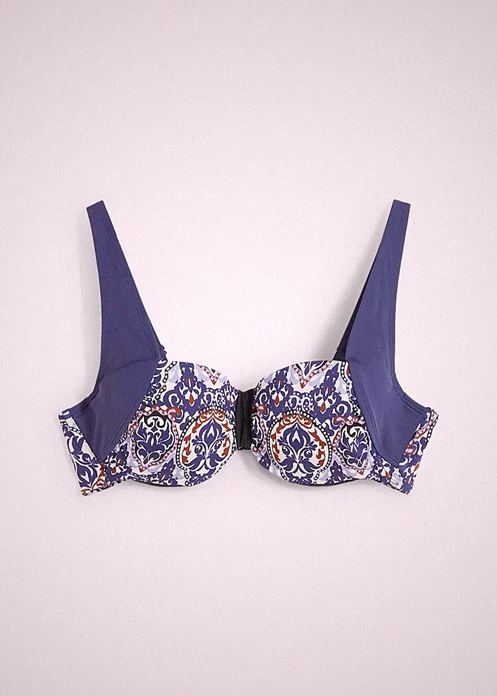 Balconette Bikini Oberteil Gr. (100) D Dunkelblau Bedruckt Schwimm-Bade-BH Neu