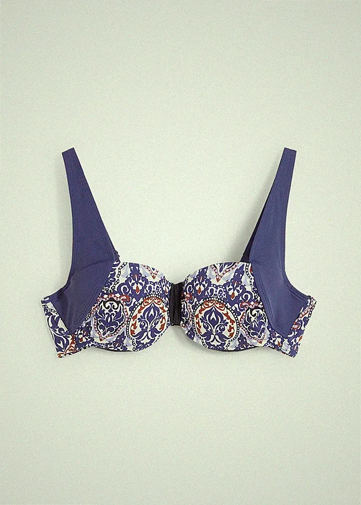 Balconette Bikini Oberteil Gr. 100 (E) Dunkelblau Bedruckt Schwimm-Bade-BH Neu