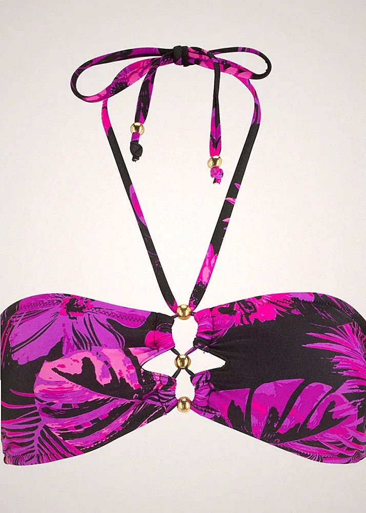 Bandeau Bikini Oberteil Gr. 36 Schwarz Pink Bedruckt Bikinioberteil Bade-BH Neu