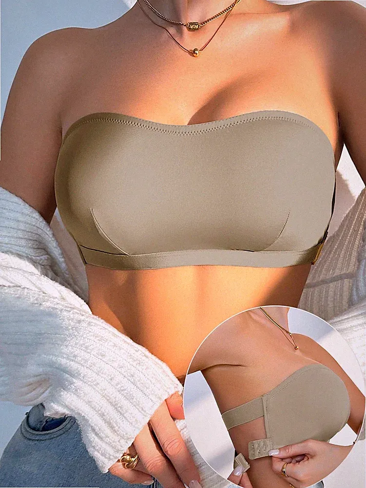 Beige weich gepolsterter Bandeau BH mit breiten gekreuzten Trägern Billig24