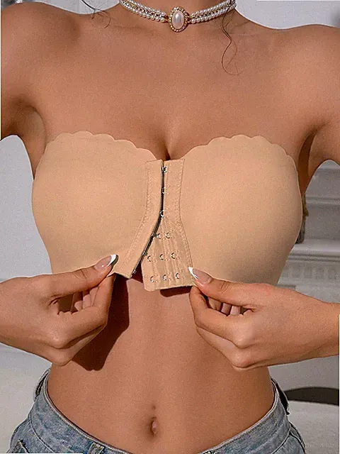 Bequemer khakifarbener Bandeau BH mit Frontverschluss und breitem Billig24