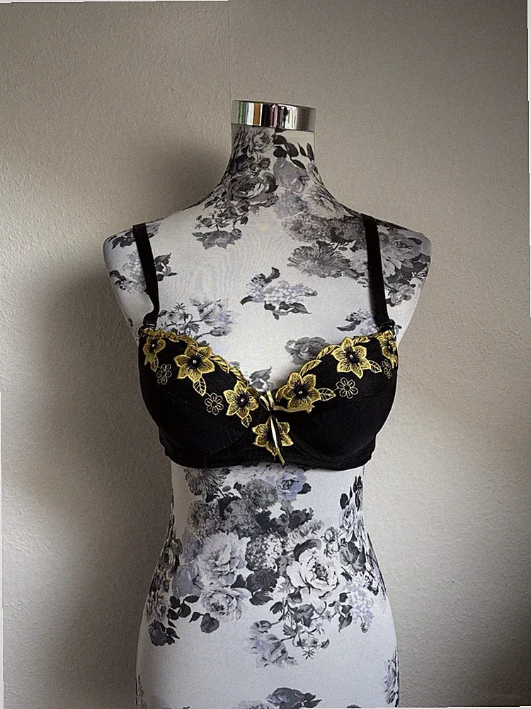 BH Schalen-BH Bügel-BH Unterwäsche Dessous Schwarz Gelb Blumen 75c