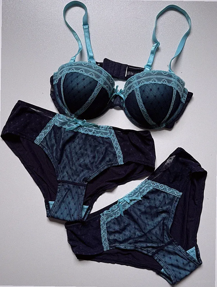 BH Set, Push Up BH + Slip, Blau, Spitze, Größe S 36/38 + 1 Slip als Zugabe