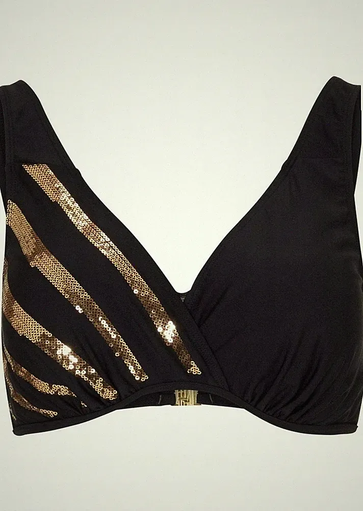 Bikini Oberteil Gr. 80 Cup C Schwarz Gold Damen Schwimm-Bade-BH Neu*