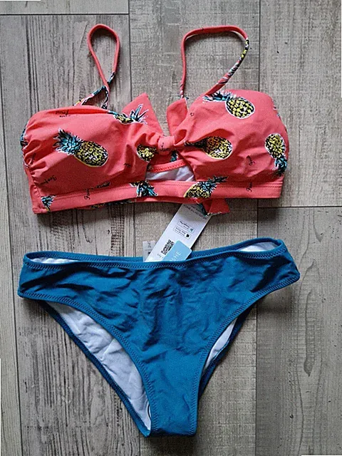 Bikini Set m 38 cups pads Polster Push-up Slip ANANAS bh CutOut blau underboob