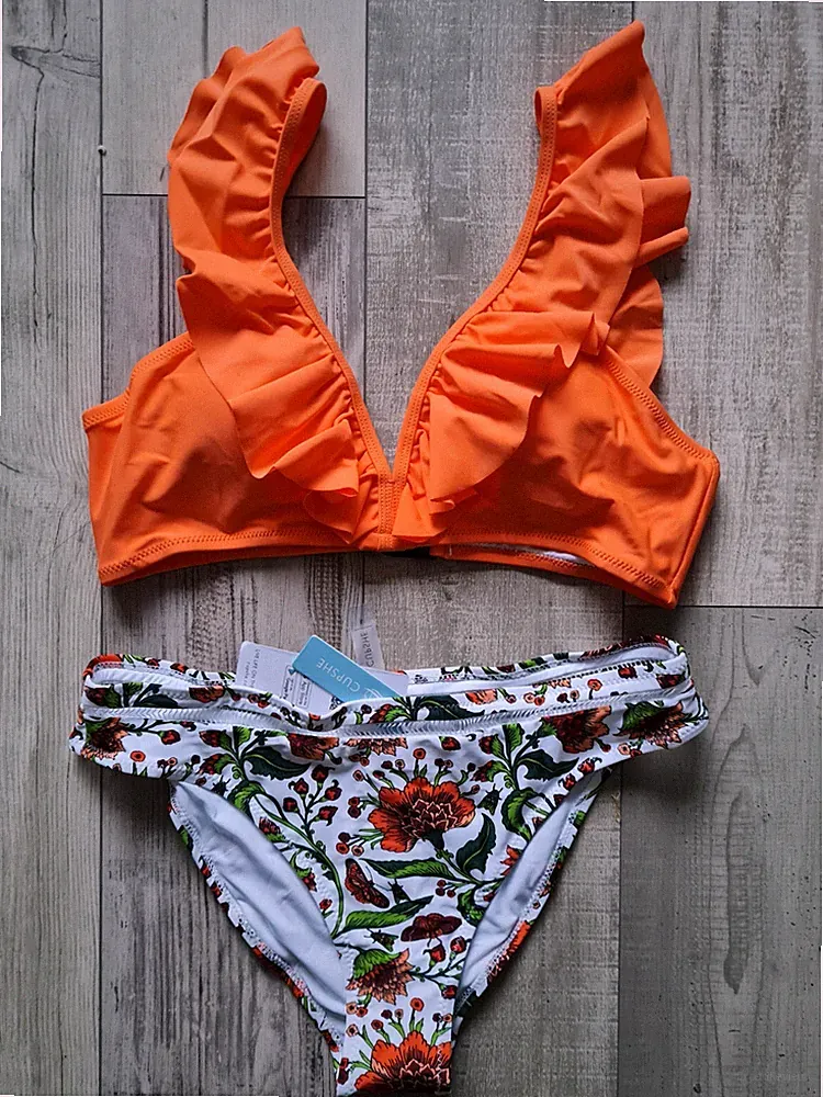 Bikini Set L 40 cups pads Push-up Rüschen weiß geblümt bh orange Volant polster