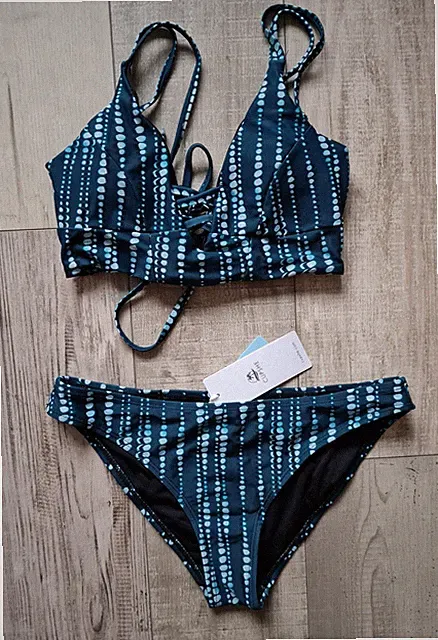Bikini Set s 36 cups pads Polster Push-up blau mit Schnürung BH top gepunktet