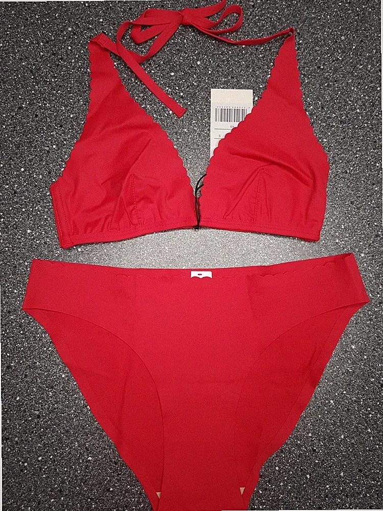 Bikini SET Ungepolstert Triangel Bh ohne Bügel und Slip Neu Rot Schwarz